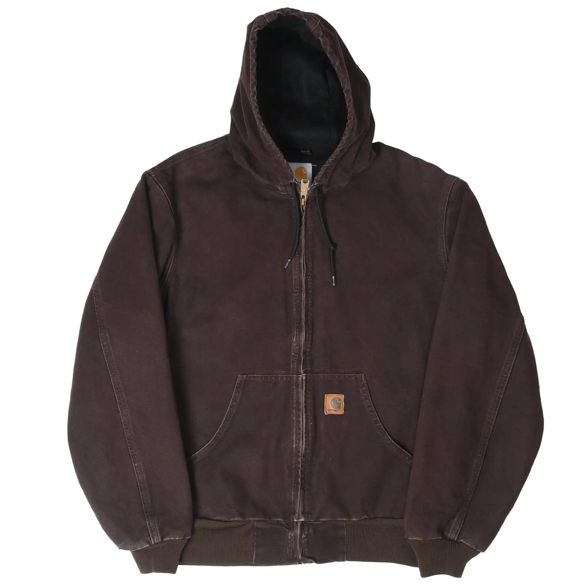 Front view of brown Carhartt hooded active jacket with ribbed cuffs and waistband