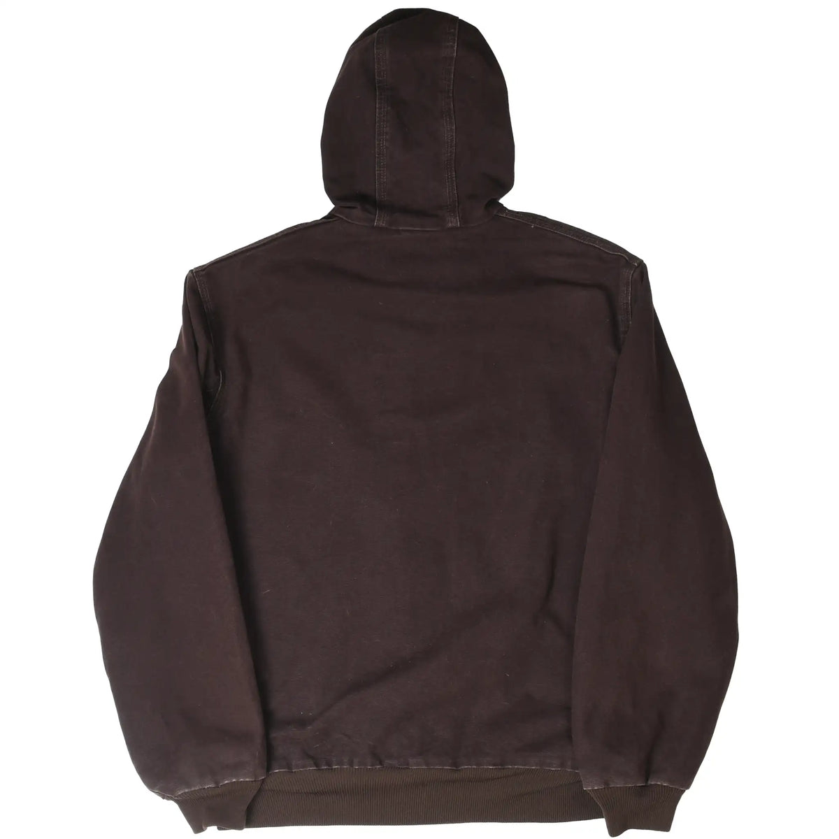 Back of brown Carhartt hooded active jacket with ribbed waistband and cuffs