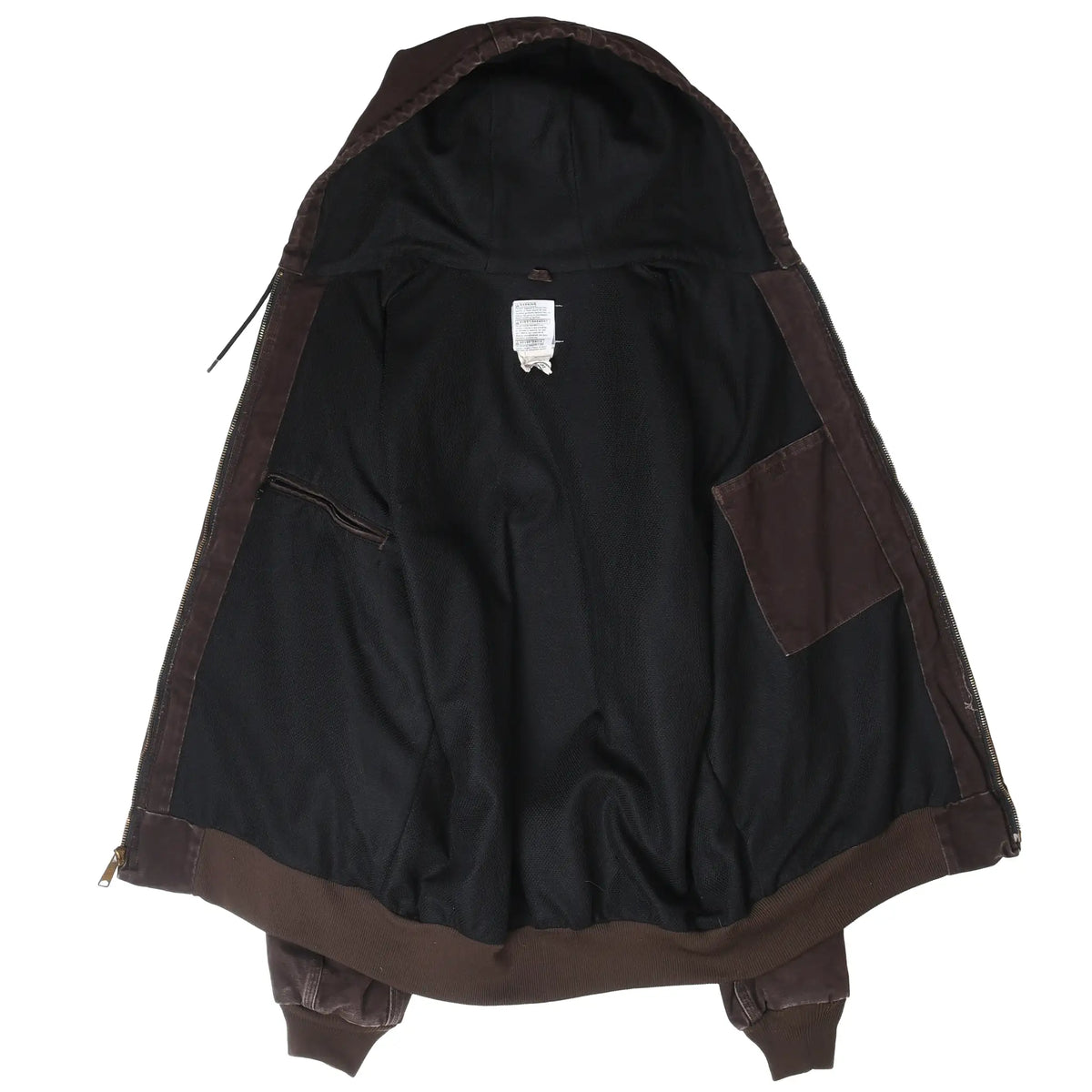Open brown Carhartt active jacket showing black lining, interior pocket, and neck label