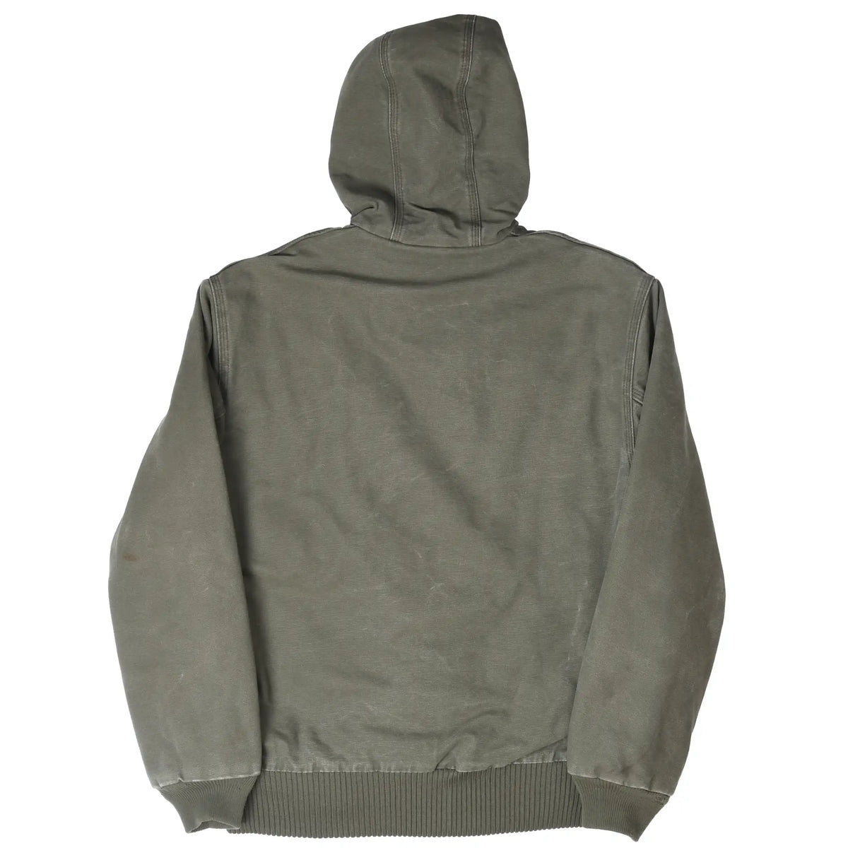 Back of green Carhartt hooded active jacket with ribbed hem and cuffs