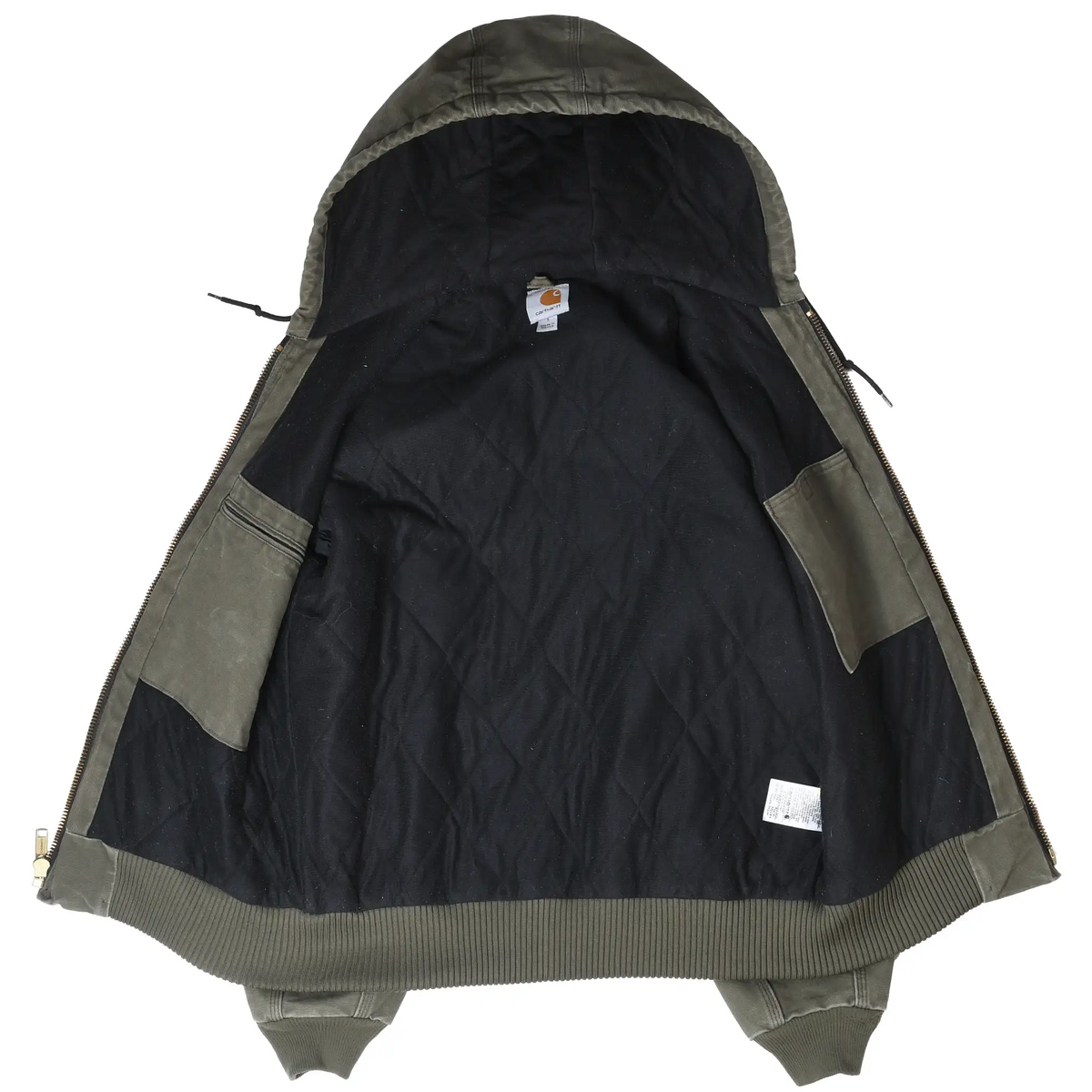 Open green Carhartt hooded jacket showing black quilted lining and interior pockets