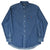 Front of dark blue Polo Ralph Lauren denim shirt showing button-down collar, chest pocket, and curved hem