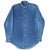 Full front view of blue Polo Country Ralph Lauren denim shirt with button-down collar and curved hem