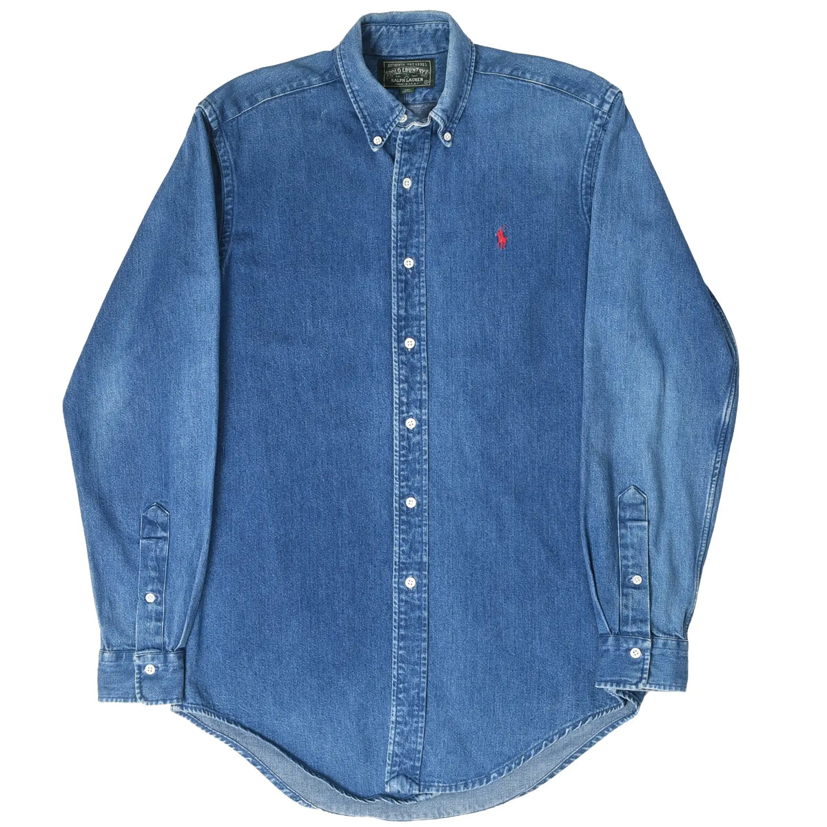 Full front view of blue Polo Country Ralph Lauren denim shirt with button-down collar and curved hem