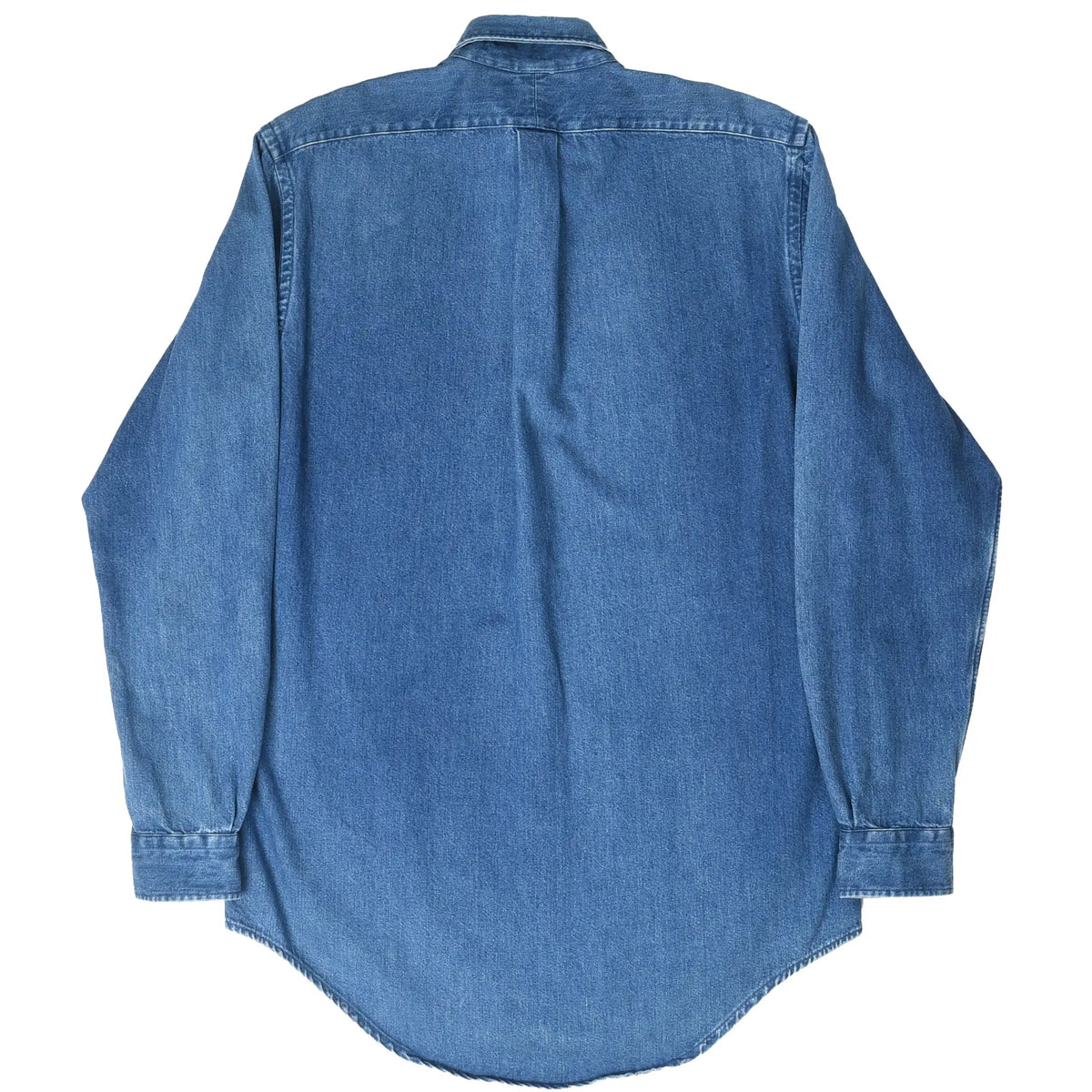 Back of blue Polo Country Ralph Lauren long-sleeve denim shirt with center box pleat