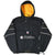 Full front view of black Steelers Starter pullover jacket with yellow-lined hood and white sleeve piping