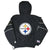 Back of black Pittsburgh Steelers hooded jacket with large team logo and Starter sleeve embroidery