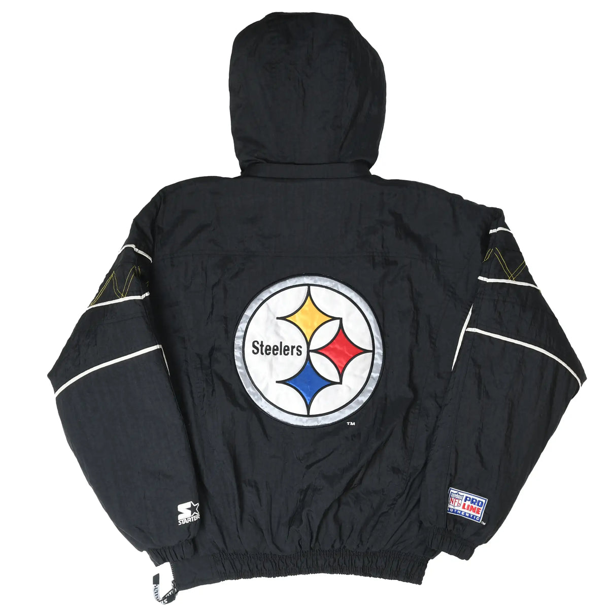 Back of black Pittsburgh Steelers hooded jacket with large team logo and Starter sleeve embroidery
