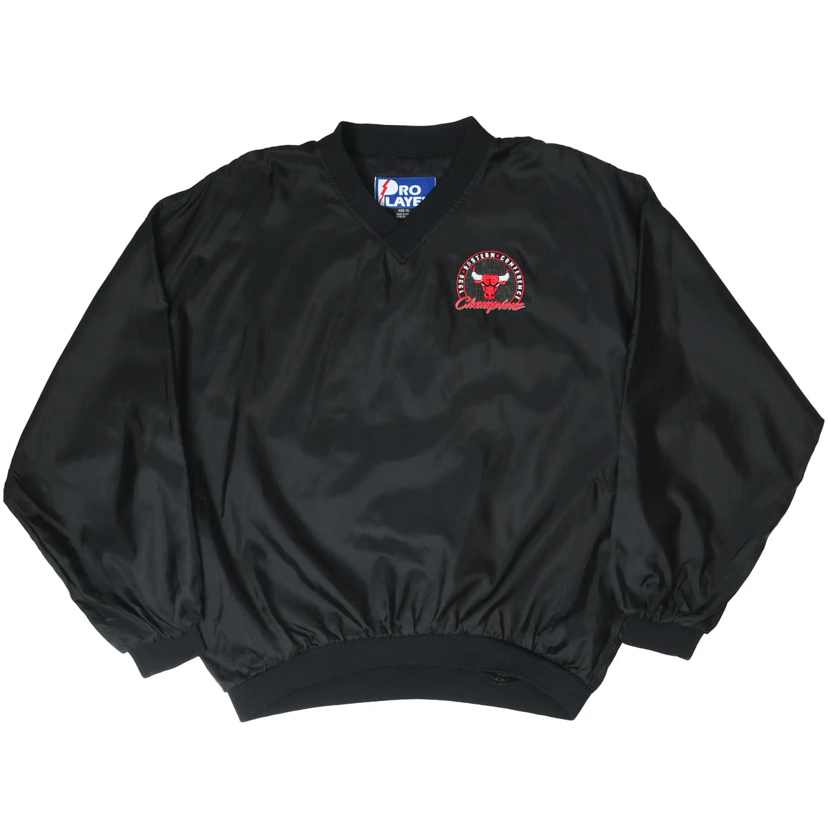 Front view of black Chicago Bulls pullover windbreaker with V-neck and embroidered chest logo