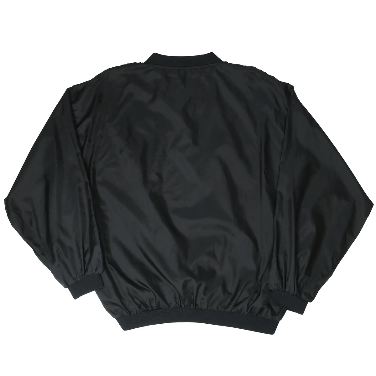 Back view of black Chicago Bulls pullover windbreaker with ribbed collar, cuffs, and hem