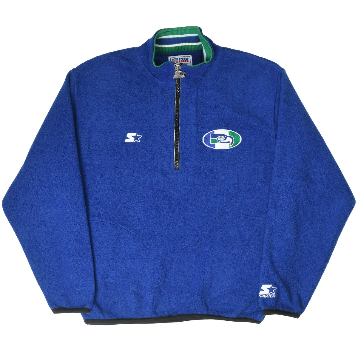 Full front view of blue Seattle Seahawks Starter quarter-zip fleece jacket