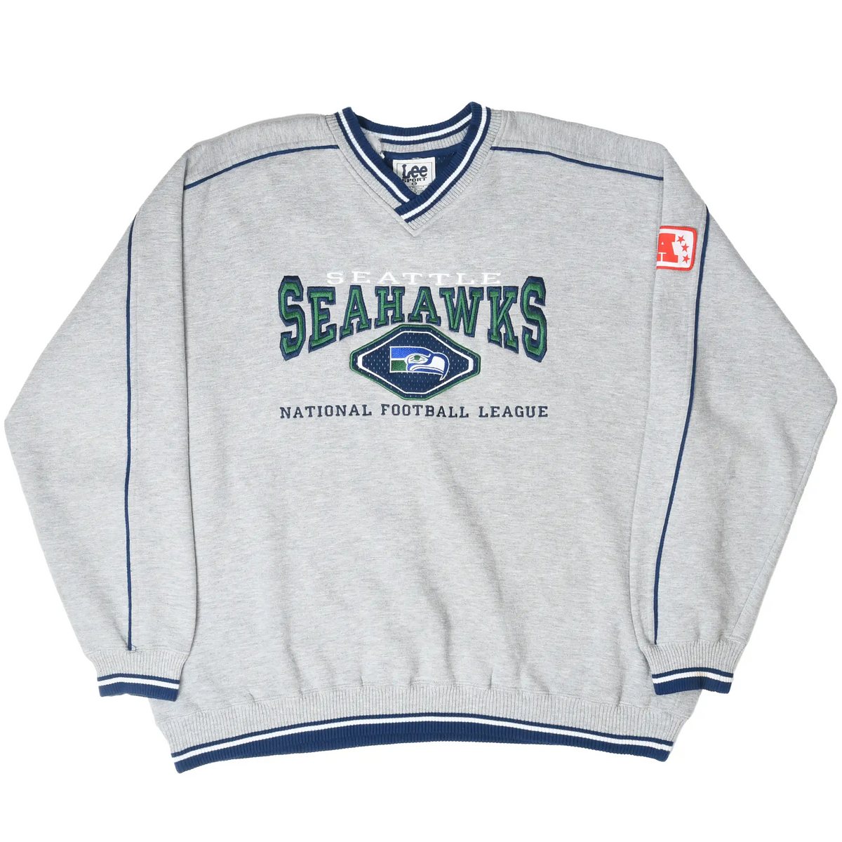 Full front view of gray Seattle Seahawks V-neck sweatshirt with embroidered logo