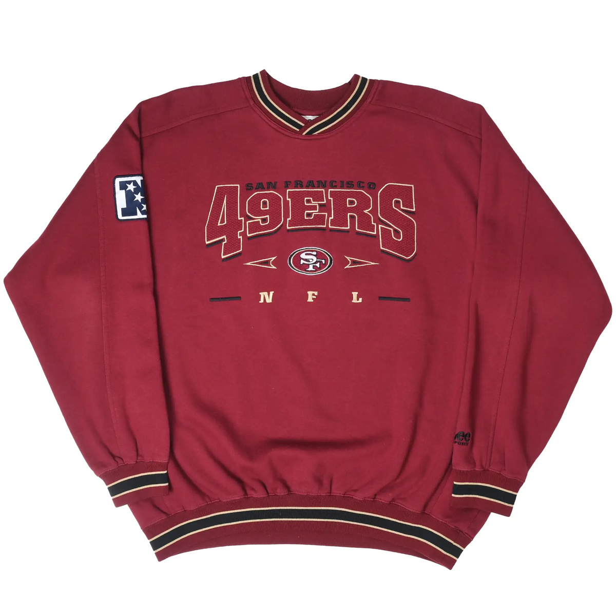 Full front view of burgundy San Francisco 49ers sweatshirt with embroidered chest graphic
