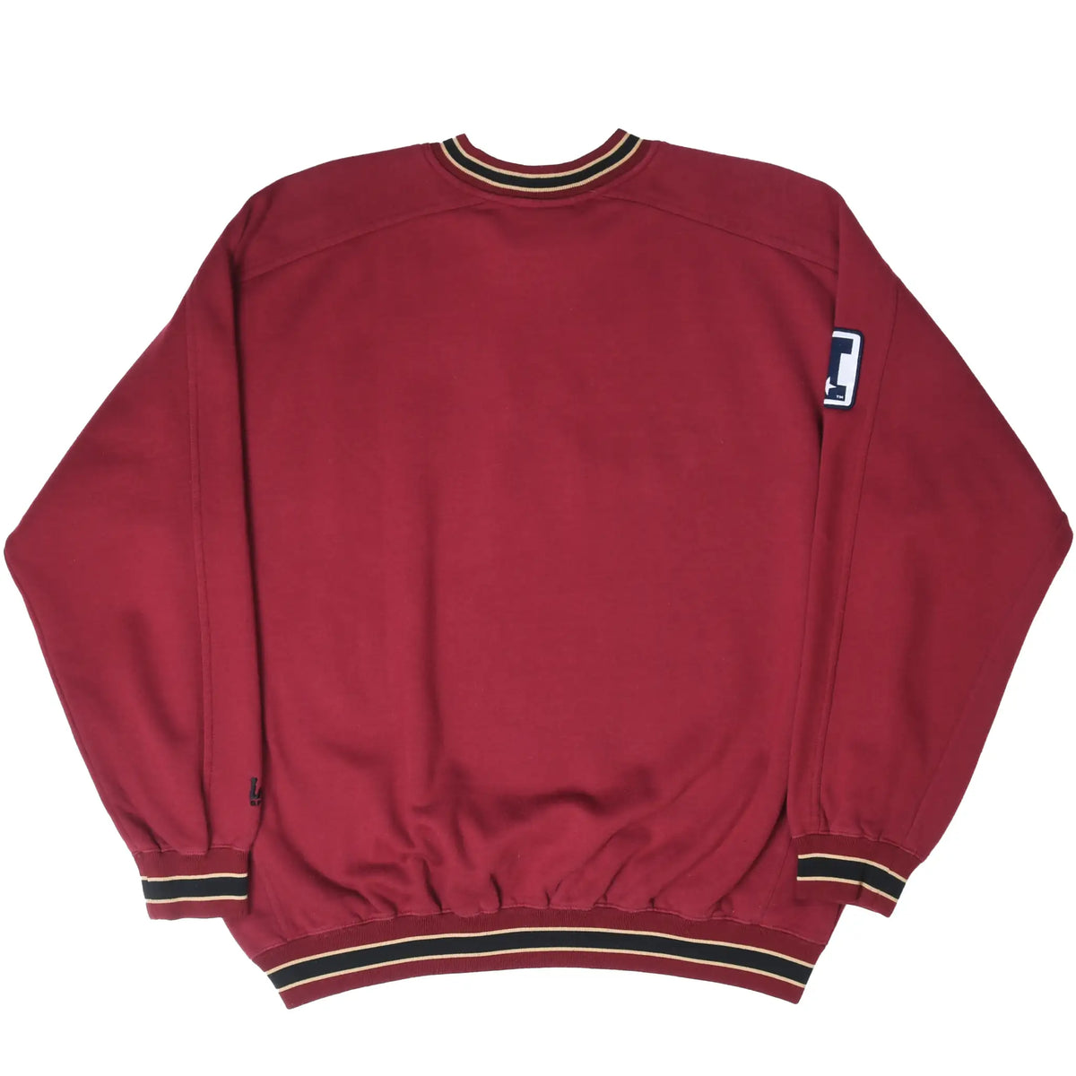 Back of burgundy San Francisco 49ers sweatshirt with striped collar, cuffs, and hem