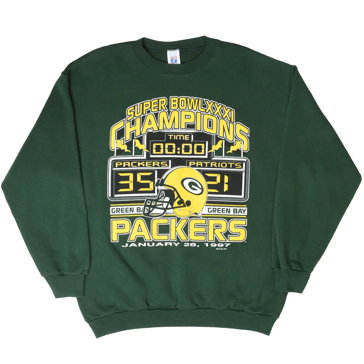 Full front view of green Packers sweatshirt with yellow and white Super Bowl XXXI champions graphic
