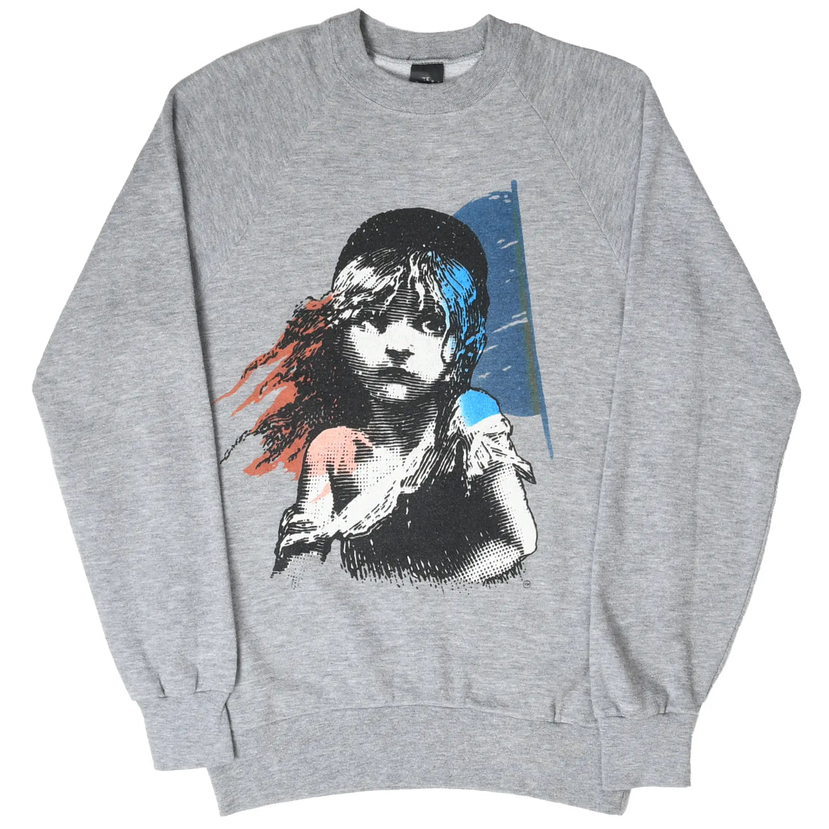 Full front view of gray Les Misérables sweatshirt with Cosette print