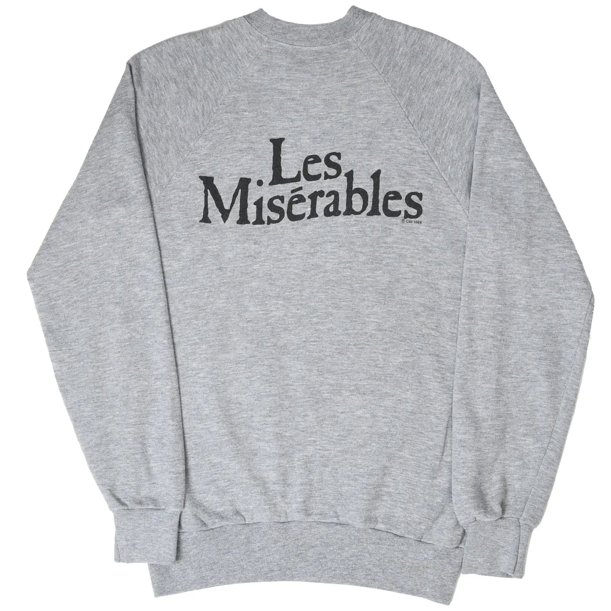 Back of gray sweatshirt with black Les Misérables logo print