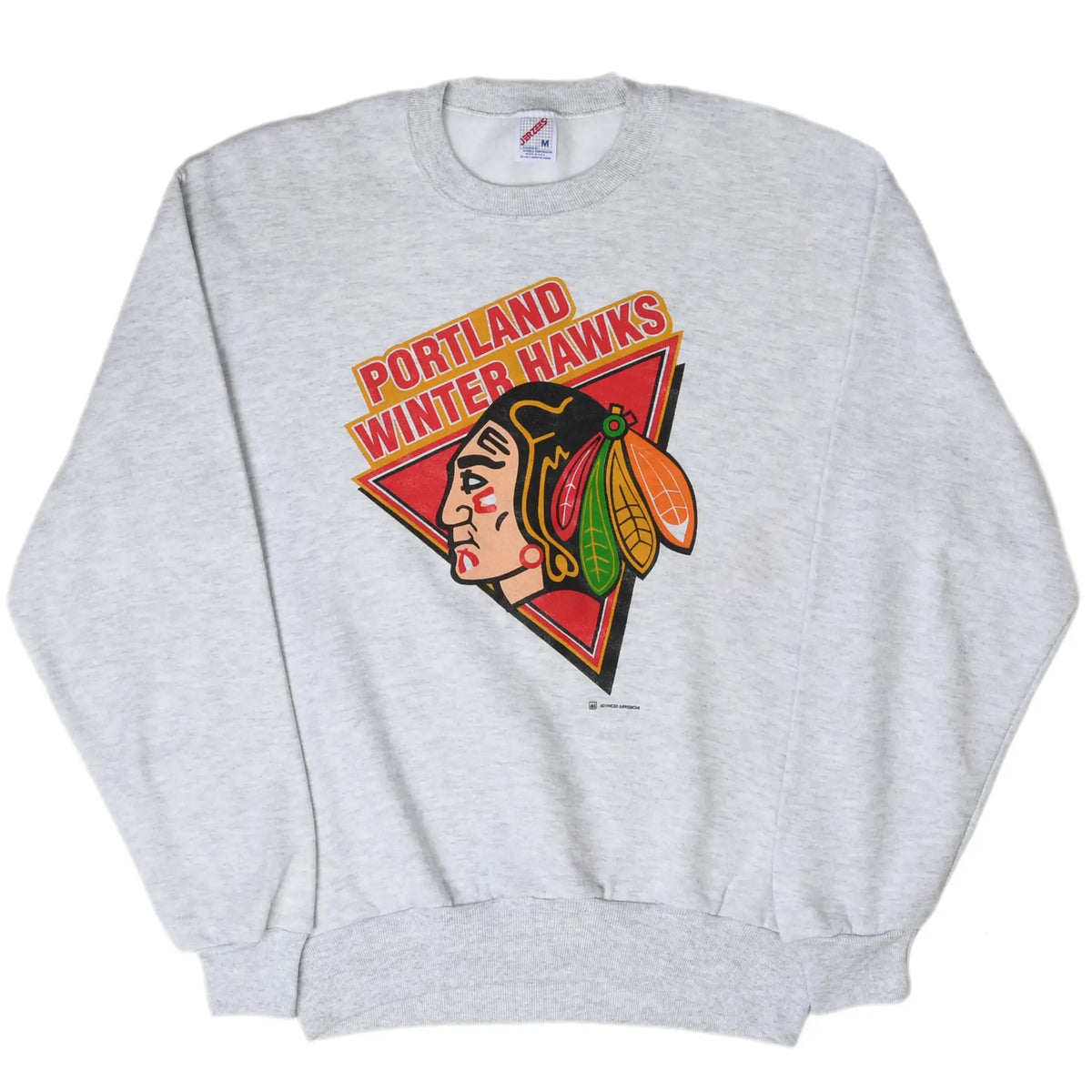 Full front view of gray Portland Winter Hawks crewneck sweatshirt with team logo