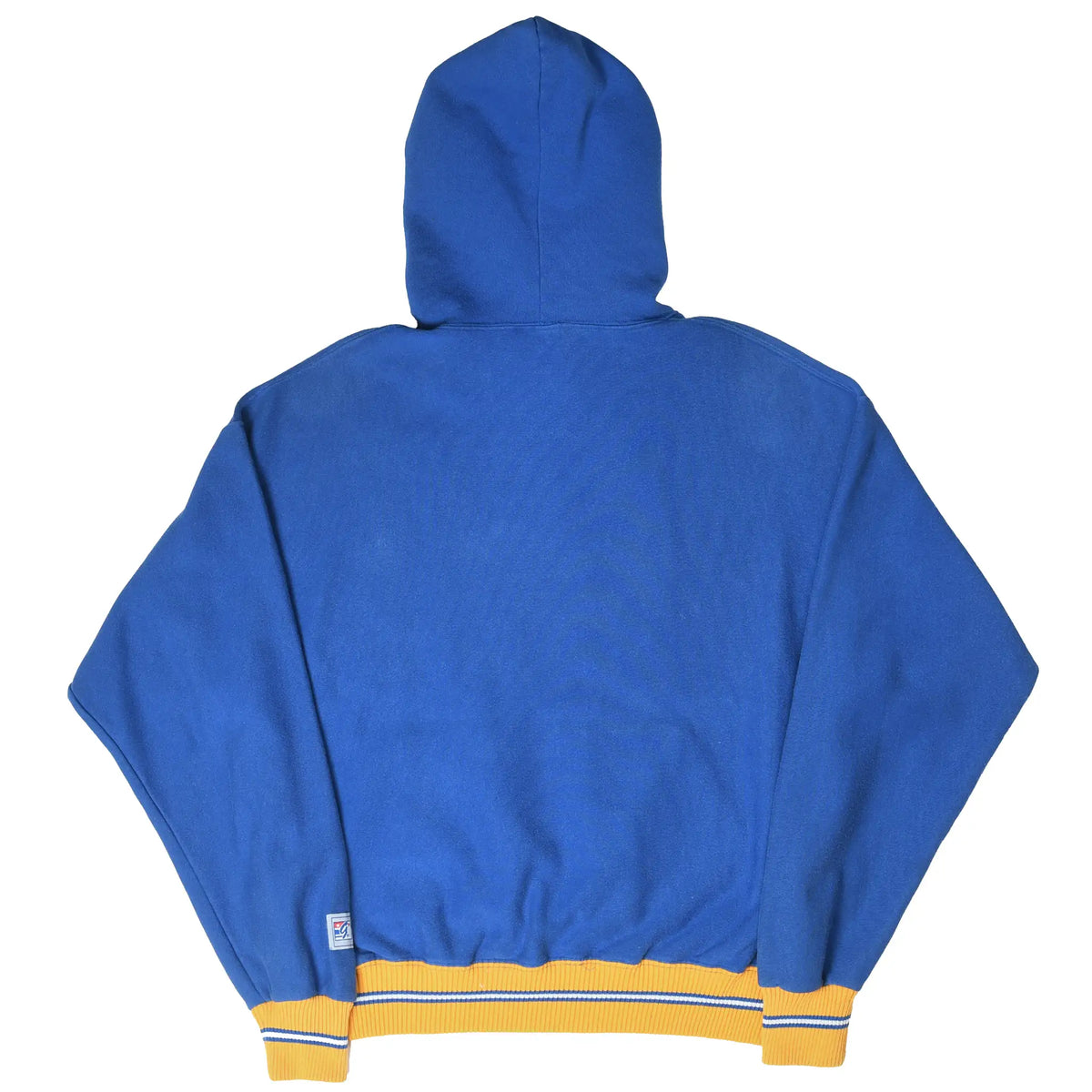 Back view of blue Los Angeles Rams hoodie with plain back and gold-striped hem and cuffs