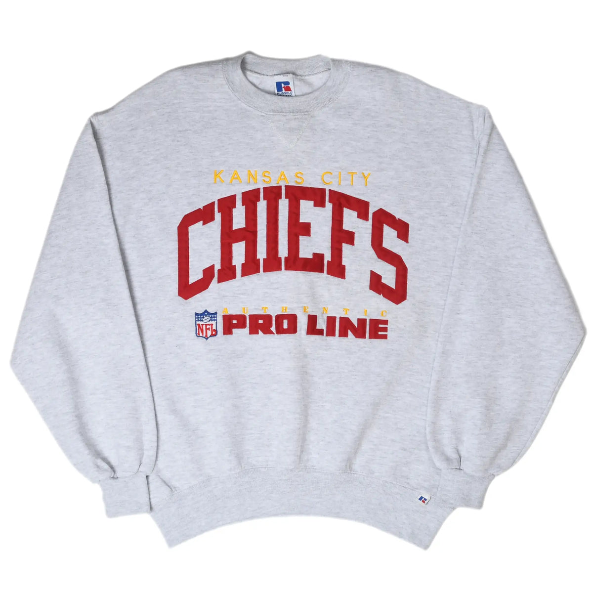 Full front view of gray Kansas City Chiefs crewneck sweatshirt with NFL Pro Line embroidery