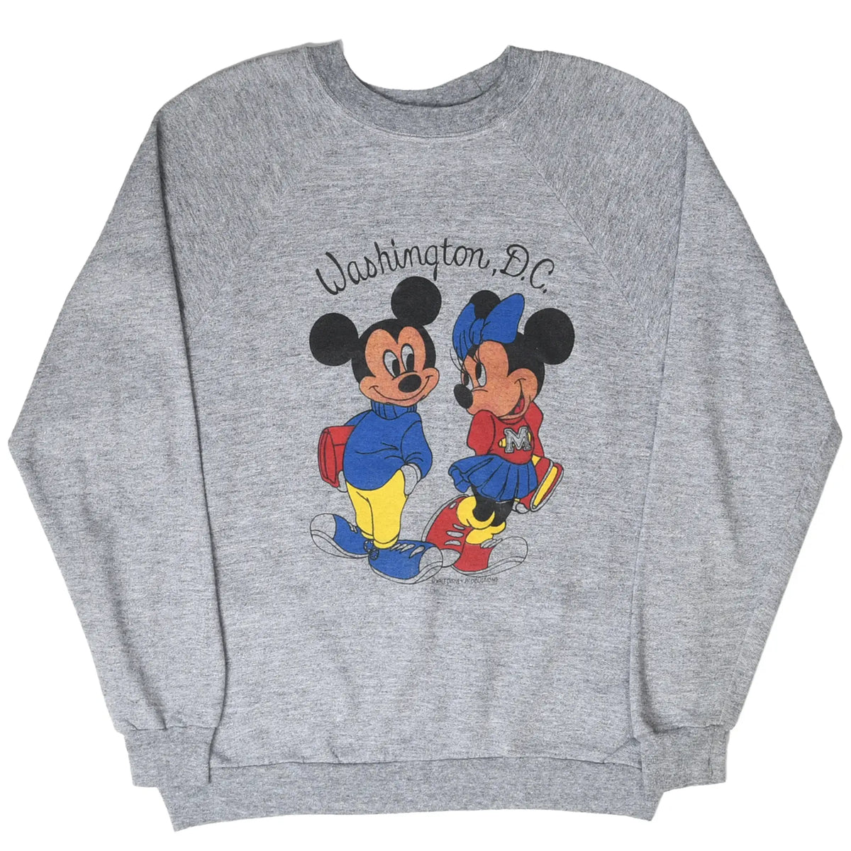 Gray crewneck sweatshirt front with colorful Mickey and Minnie Mouse Washington, D.C. print