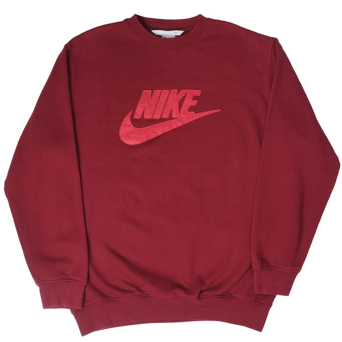 Full front view of burgundy Nike sweatshirt with red spellout and Swoosh logo