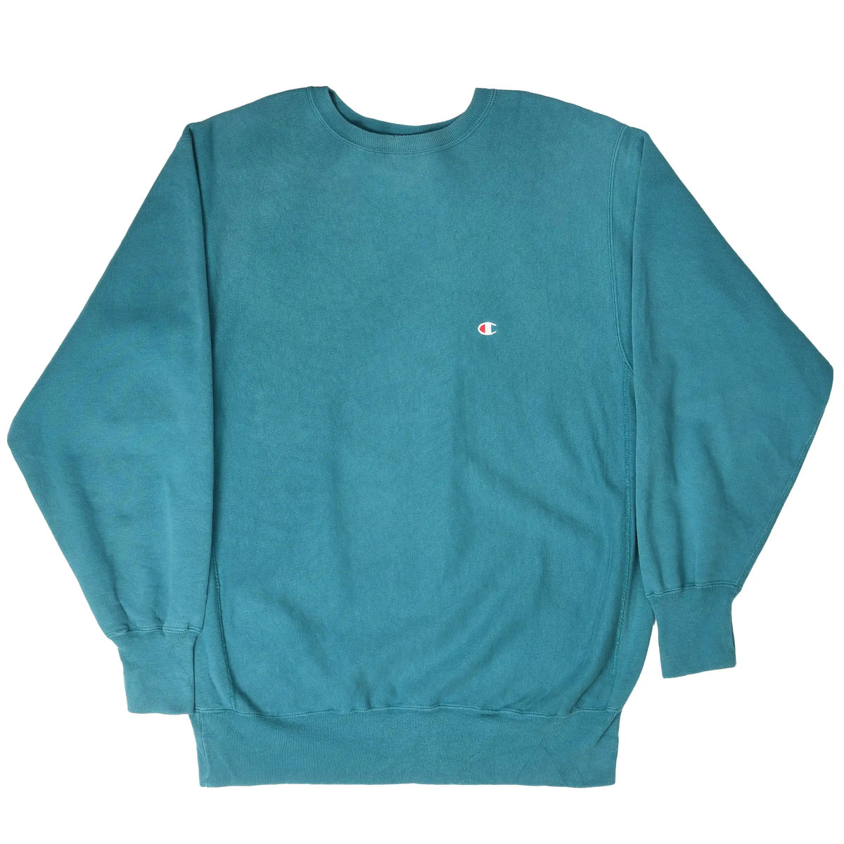 Full front view of teal Champion Reverse Weave sweatshirt with ribbed cuffs and hem