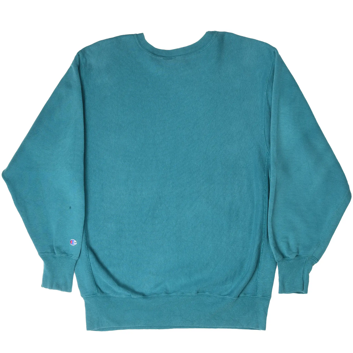 Back of teal Champion Reverse Weave crewneck sweatshirt with Champion logo on sleeve cuff