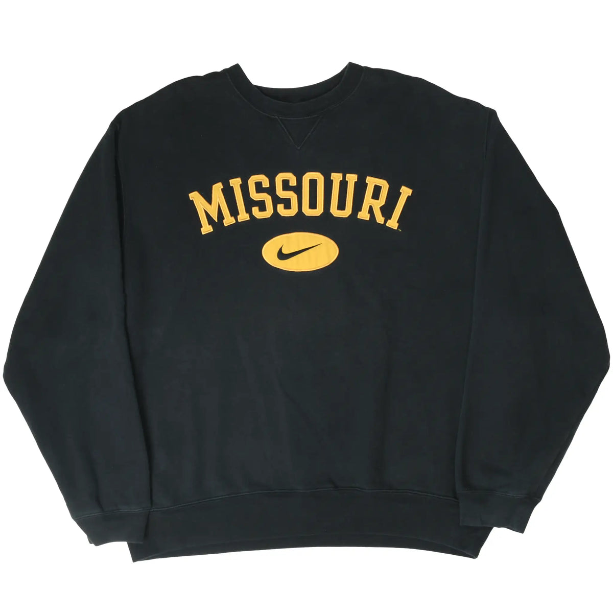 Full front view of black Missouri Mizzou crewneck sweatshirt with gold Nike graphic