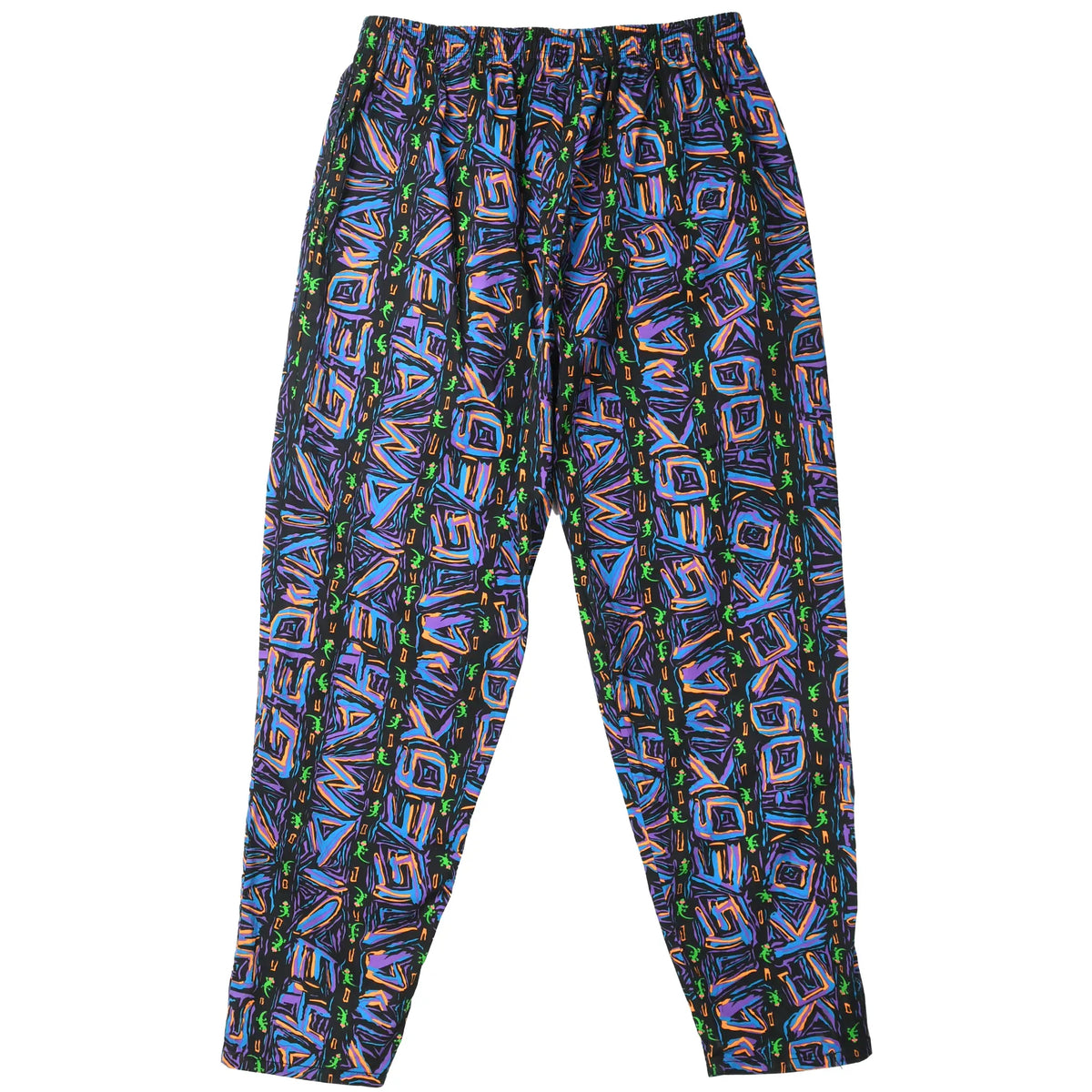Back of Gecko Hawaii pants with colorful abstract and green gecko all-over print on black