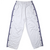 Back of white Adidas track pants with purple side stripes and snap-button openings
