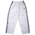 Front of white Adidas track pants with purple three-stripe trim and embroidered logo