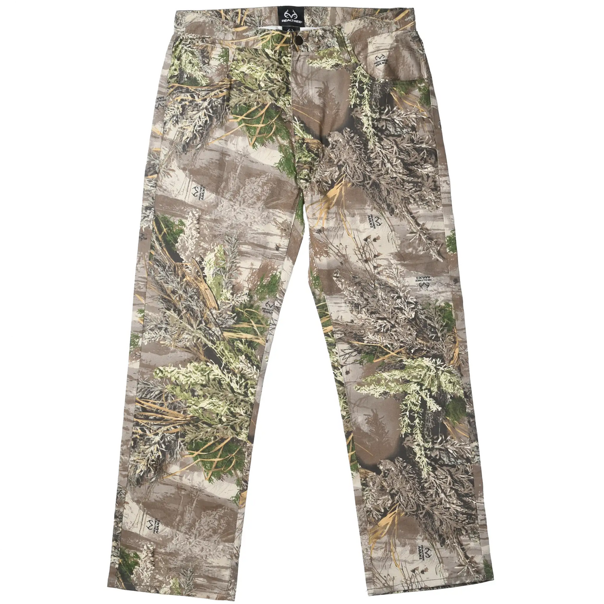 Front view of Wrangler Realtree Max-1 hunting camo pants in brown, gray, and green