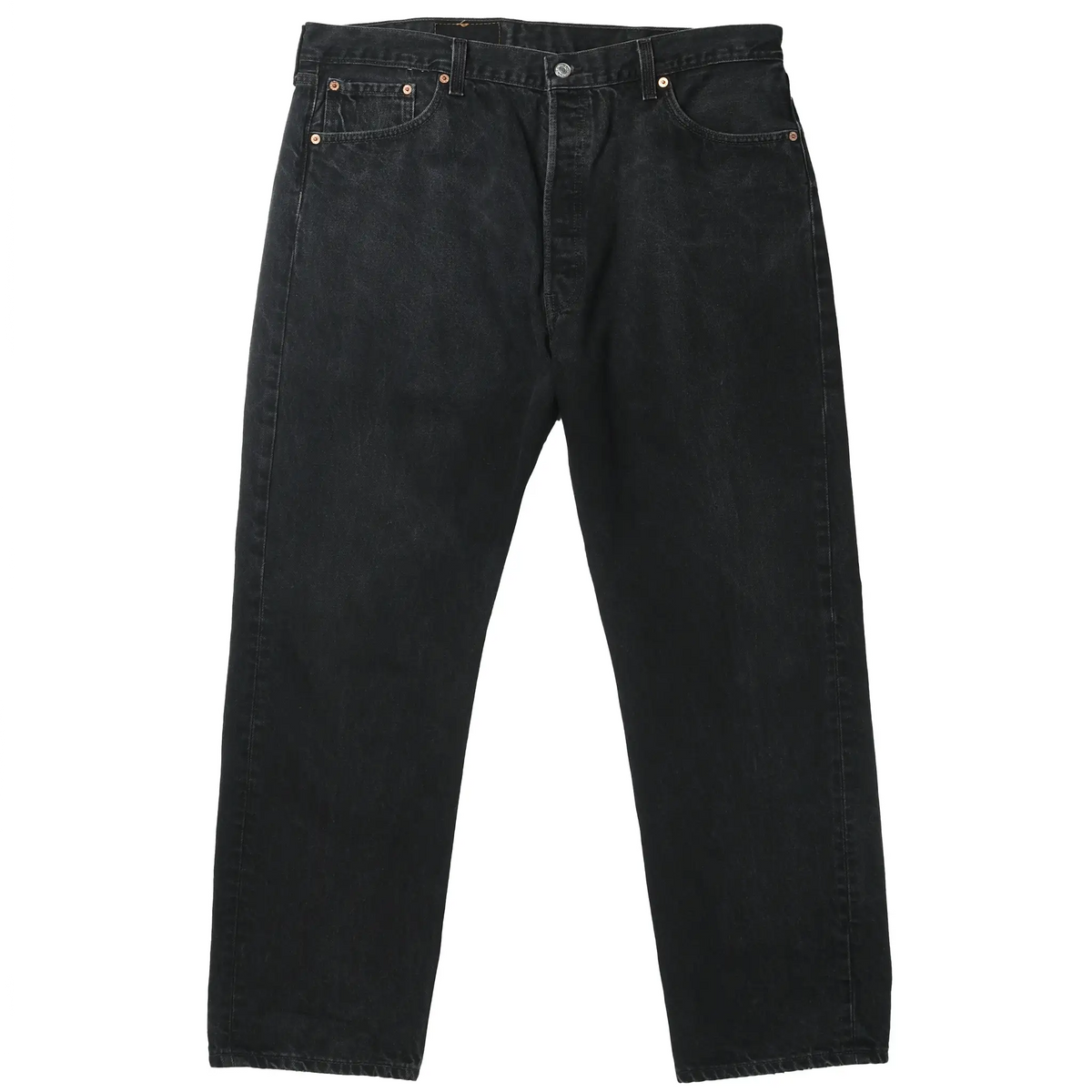 Front view of black Levi's 501 jeans with five-pocket styling and button fly