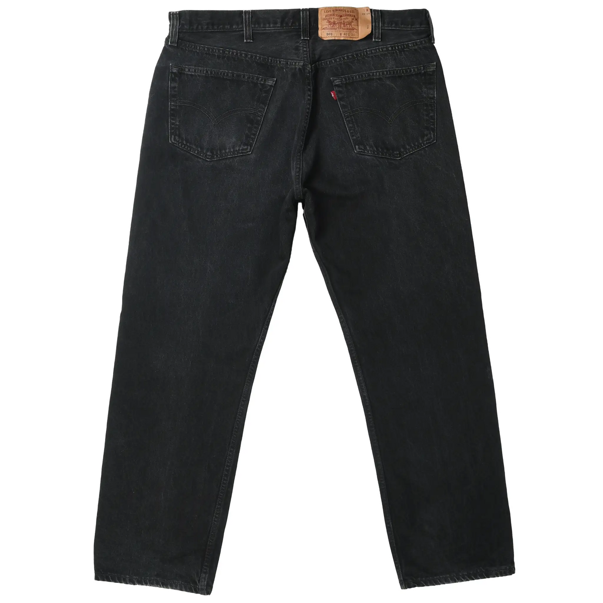 Back view of black Levi's 501 jeans with two stitched pockets and waistband patch