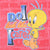 Close-up of Tweety graphic and Do I Look Like I Care? text on pink brick-pattern fabric