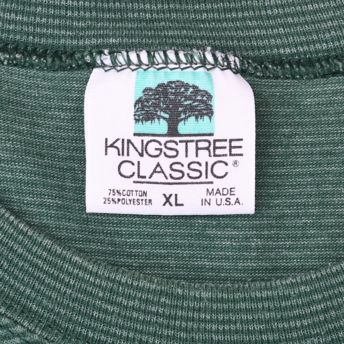 Kingstree Classic XL neck label on green striped fabric, marked made in U.S.A.