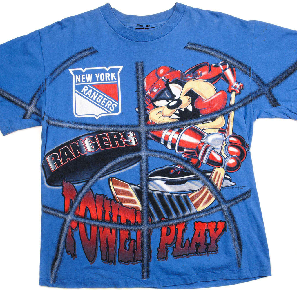 Front of blue New York Rangers T-shirt with Taz hockey graphic and goalie net print