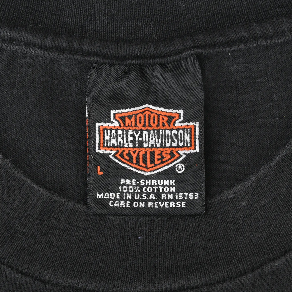 Harley-Davidson Motor Cycles neck tag marked size L, 100% cotton and made in USA