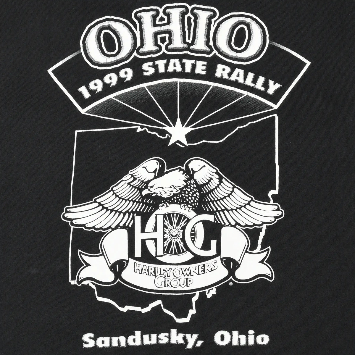 Back print detail with Ohio 1999 State Rally text, eagle, HOG emblem and Sandusky, Ohio