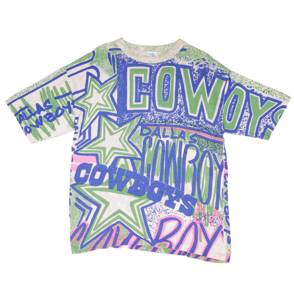 Vintage Nfl Dallas Cowboys All Over Print Tee Shirt 1990S Size Large With Single Stitch Sleeves