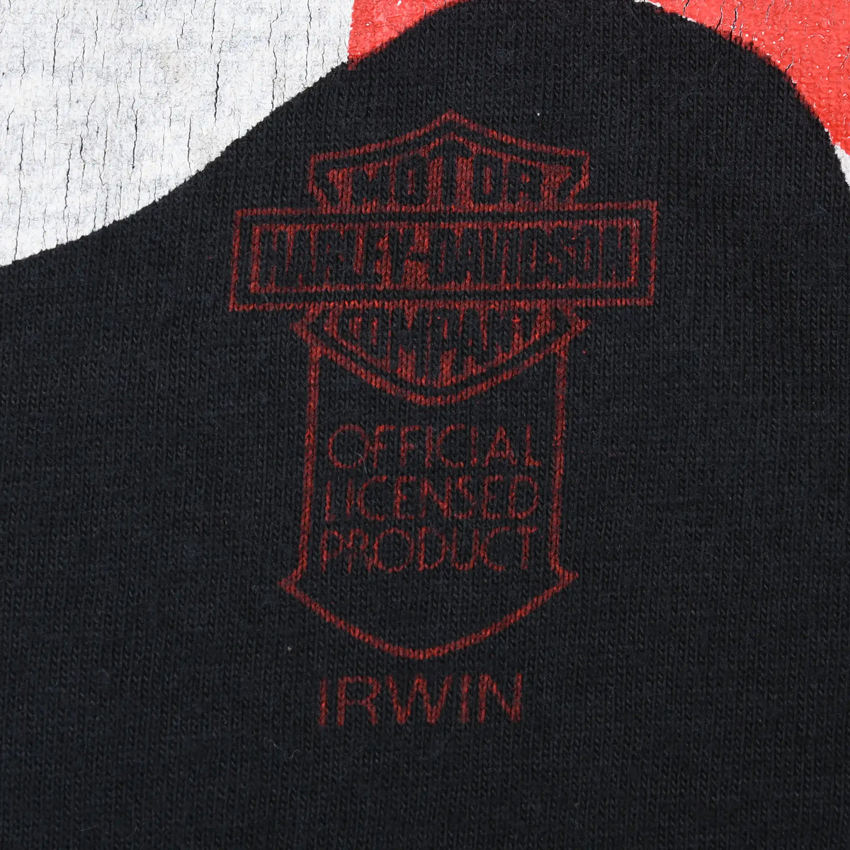 Close-up of red Harley-Davidson official licensed product Irwin mark within the front print