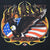 Close-up of Harley-Davidson bald eagle, American flag, and yellow flame front print
