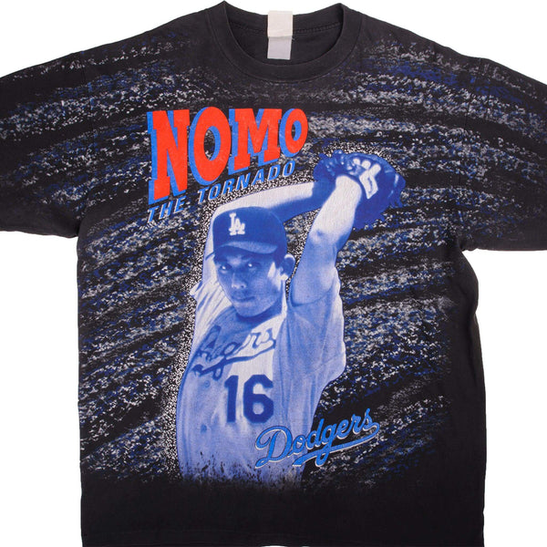 Vintage All Over Print MLB Los Angeles Dodgers Nomo The Tornado 1995 Tee Shirt Size XXL Made In USA With Single Stitch Sleeves.