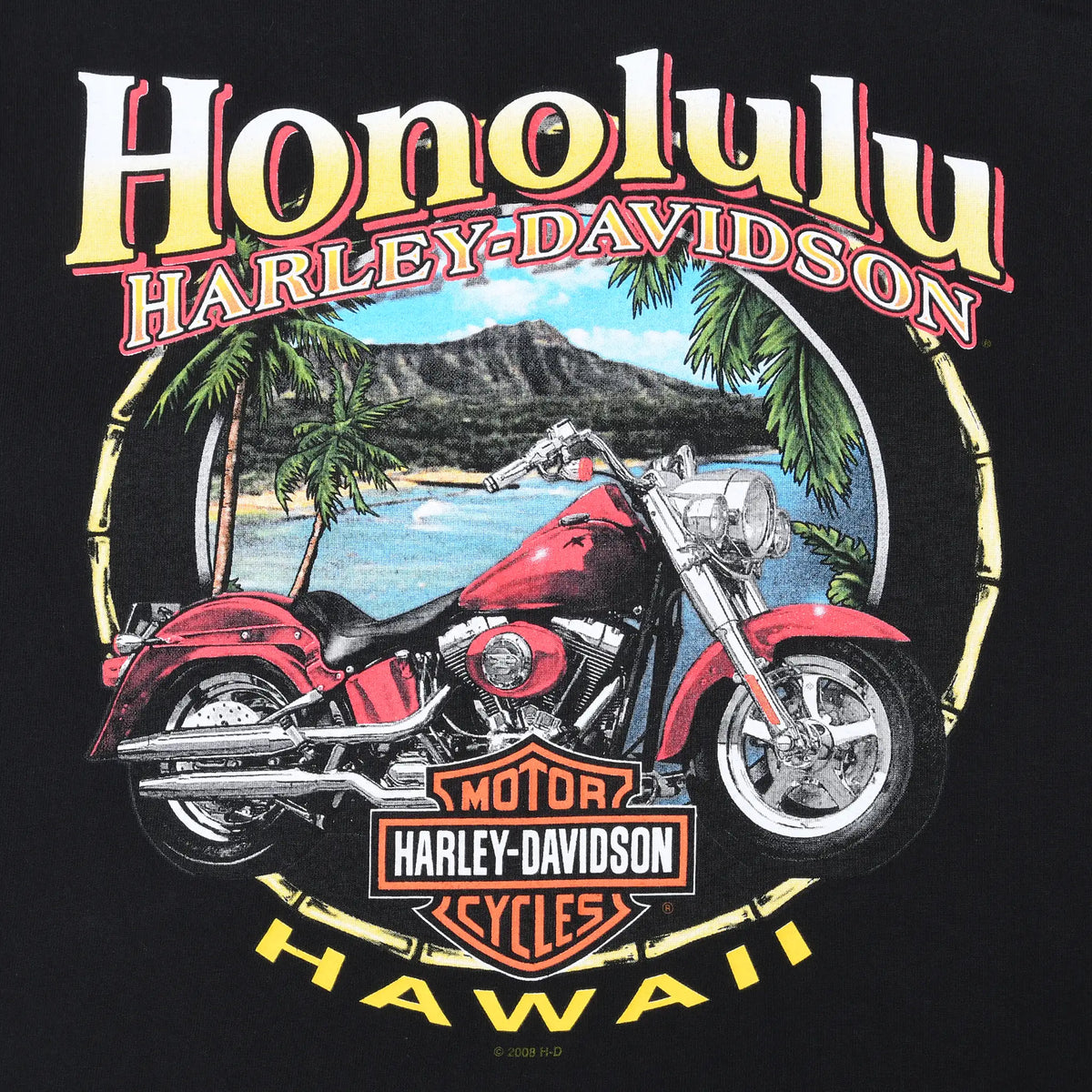 Close-up of Honolulu Hawaii back graphic with red Harley-Davidson motorcycle and tropical beach
