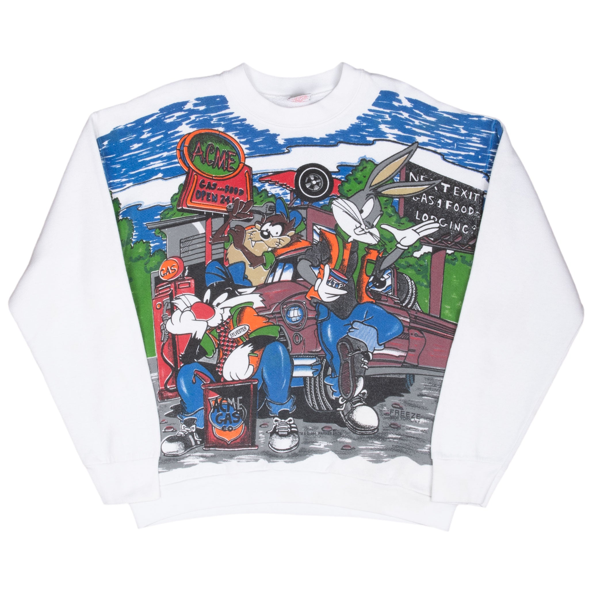 Vintage Looney Tunes Acme Gas All Over Print Sweatshirt 1994 Size Large Made In USA