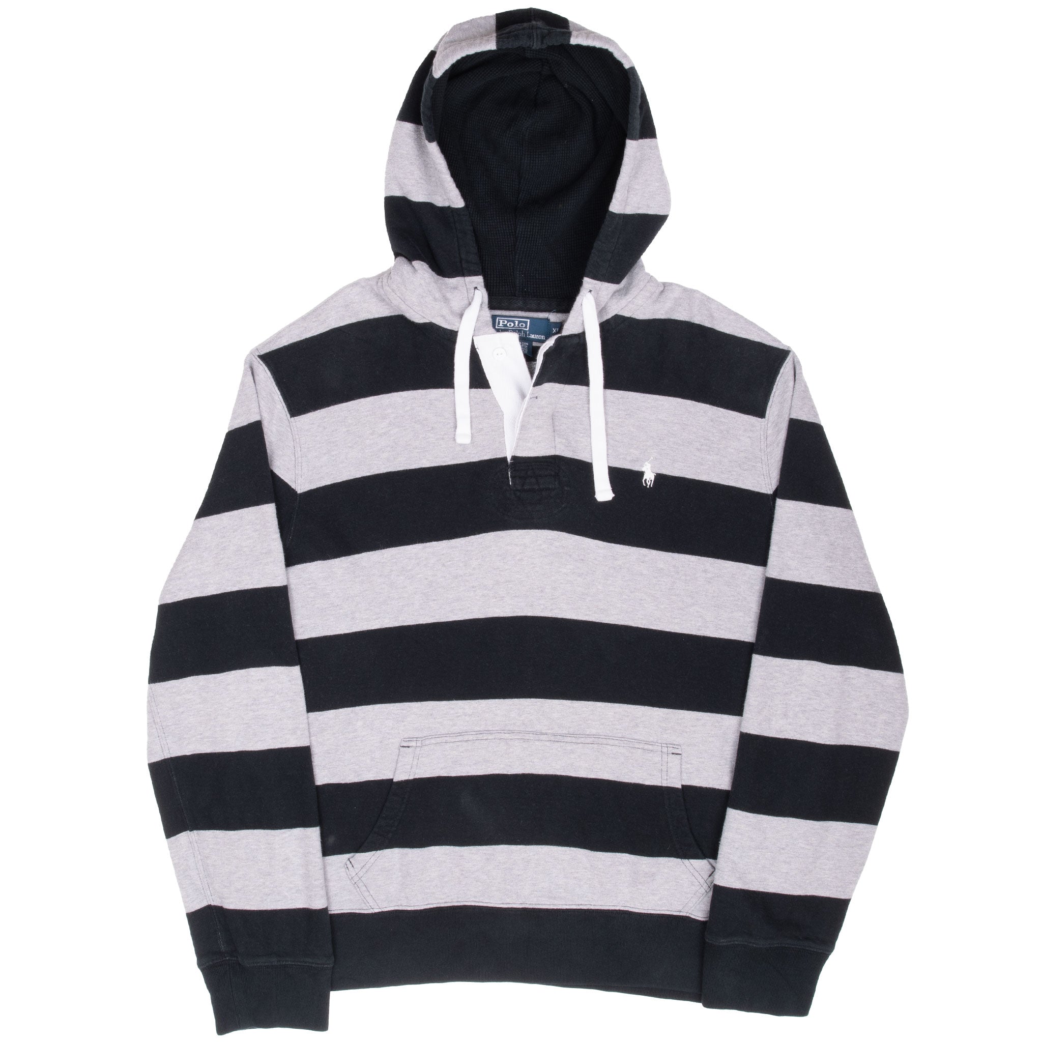 Vintage Polo Ralph Lauren Grey Black Striped Rugby Hoodie Sweatshirt 1990S Size XL