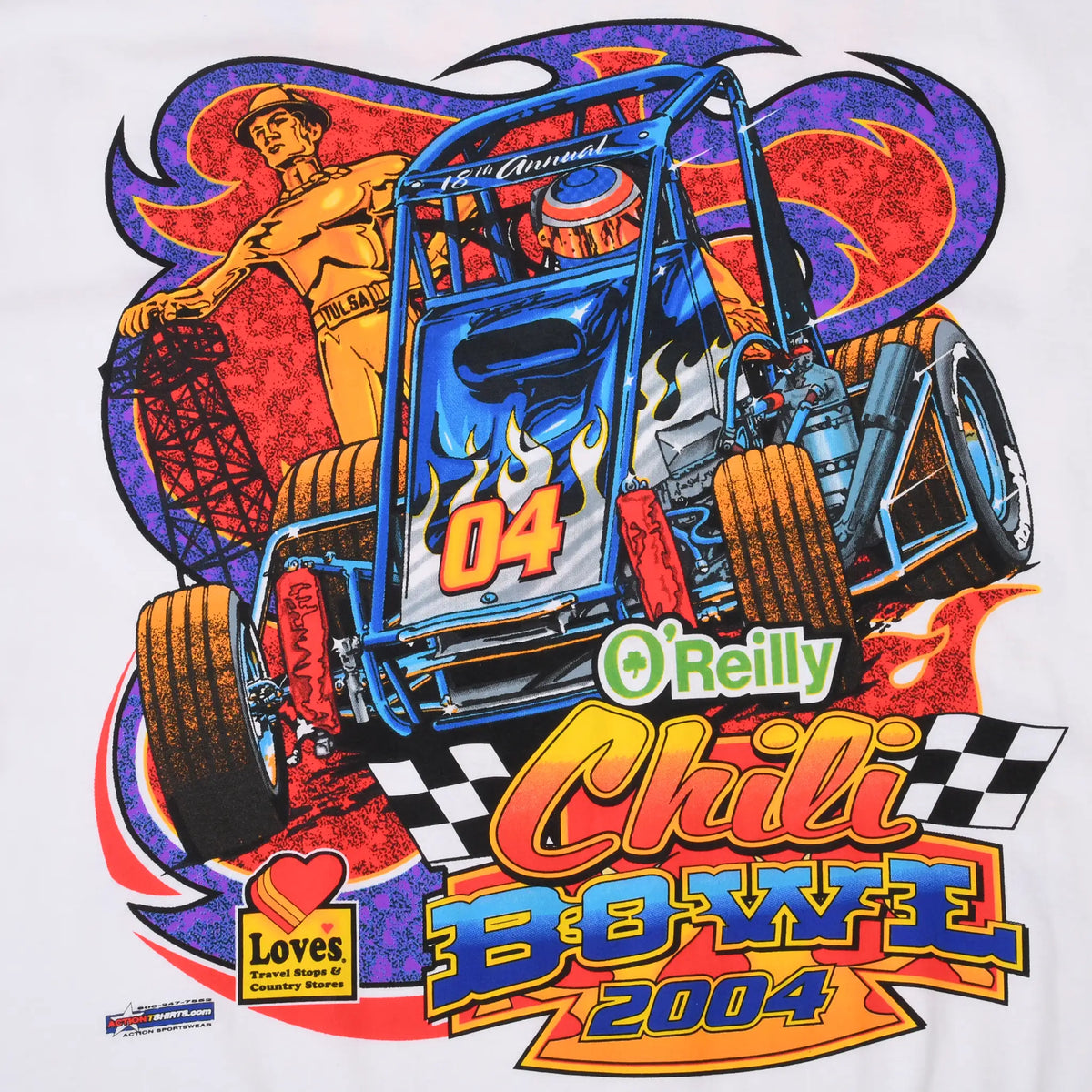 Close-up of Chili Bowl 2004 front graphic with blue No. 04 race car and checkered flags