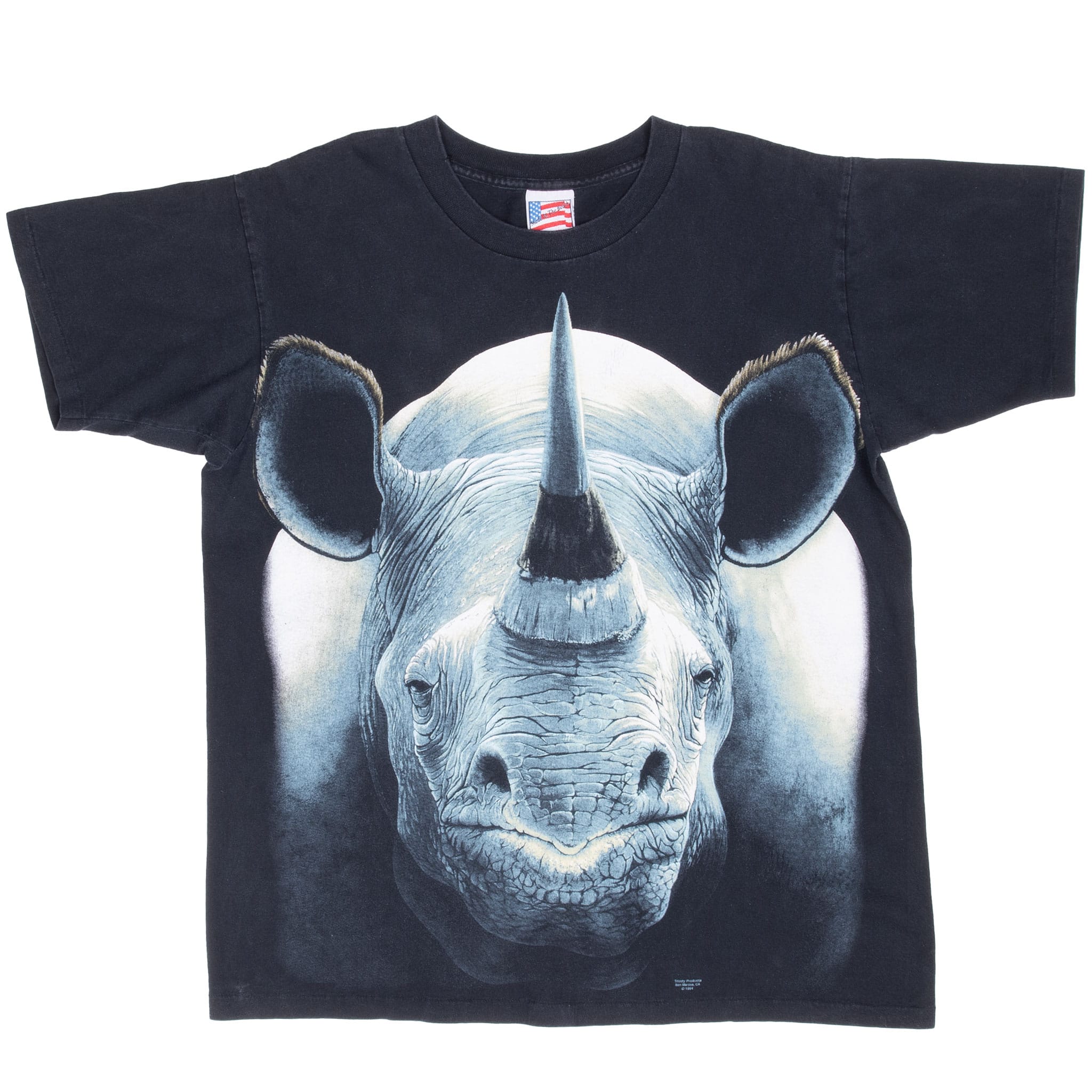Vintage Rhinoceros 1994 Animal Print Tee Shirt Size Large Made In Usa With Single Stitch Sleeves