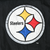 Close-up of large Pittsburgh Steelers logo patch on the back of the black jacket